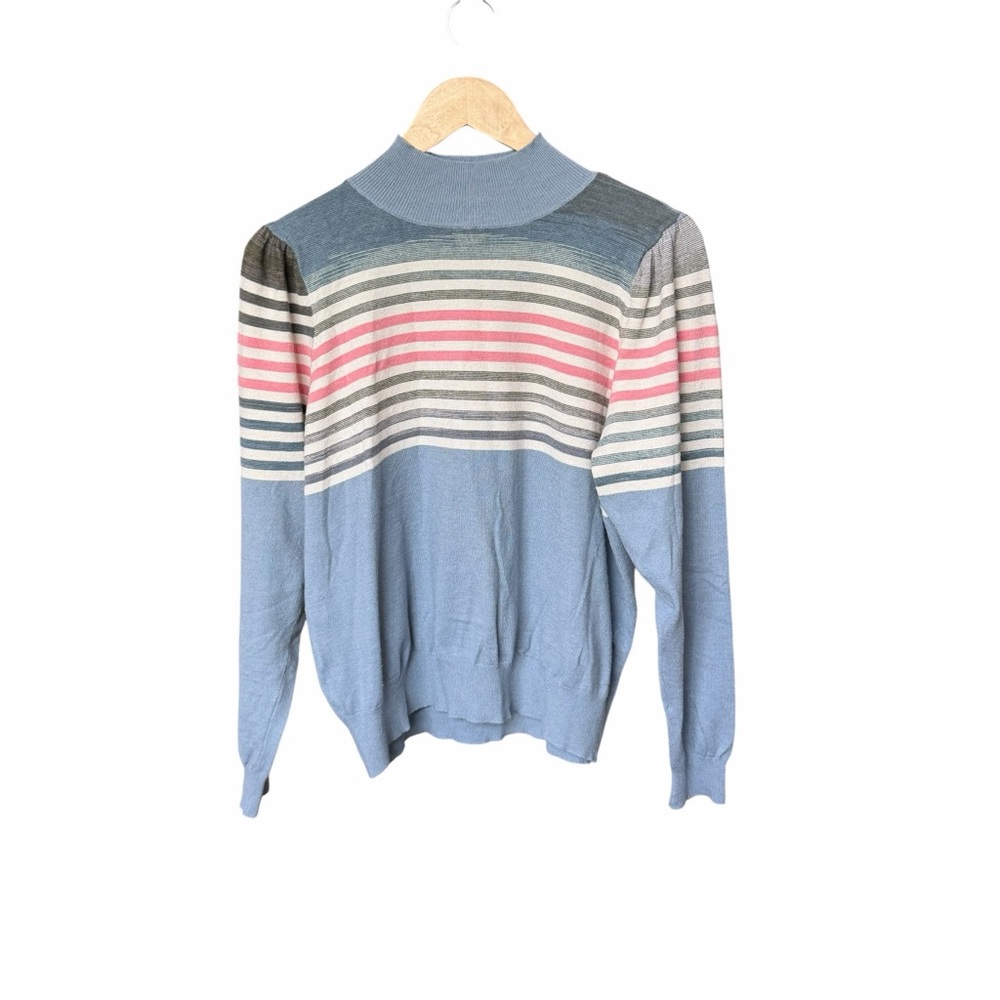 Treasure & Bond Striped Pointelle Sweater Blue Pink Gray Mock Neck  Soft Cozy